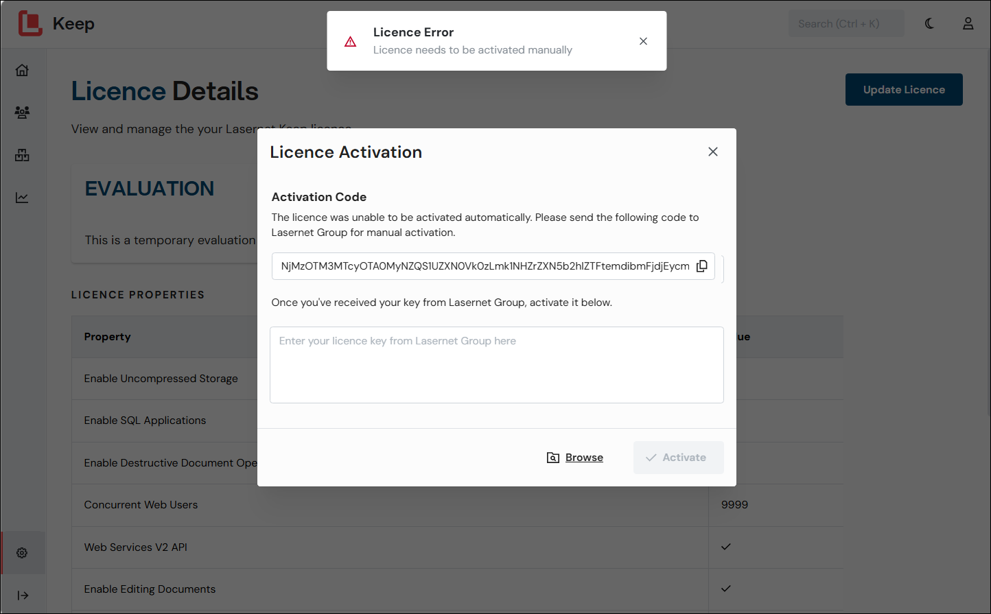 The Licence Required window in the manual activation scenario.